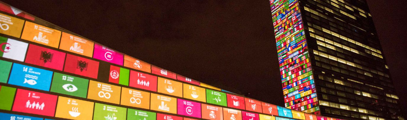 Hoofdkwartier van de VN-gebouw in het teken van de Duurzame Ontwikkelingsdoelen