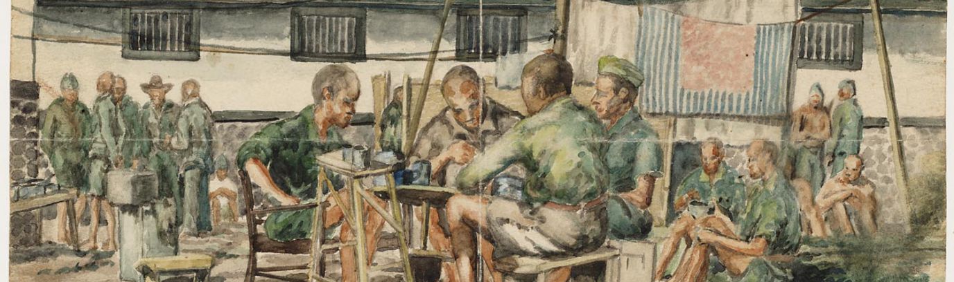 Joop Anemaet, Krijgsgevangenen voor een barak. LOG, Bandung, 1945. Collectie Museon, inv. nr. 67399 a